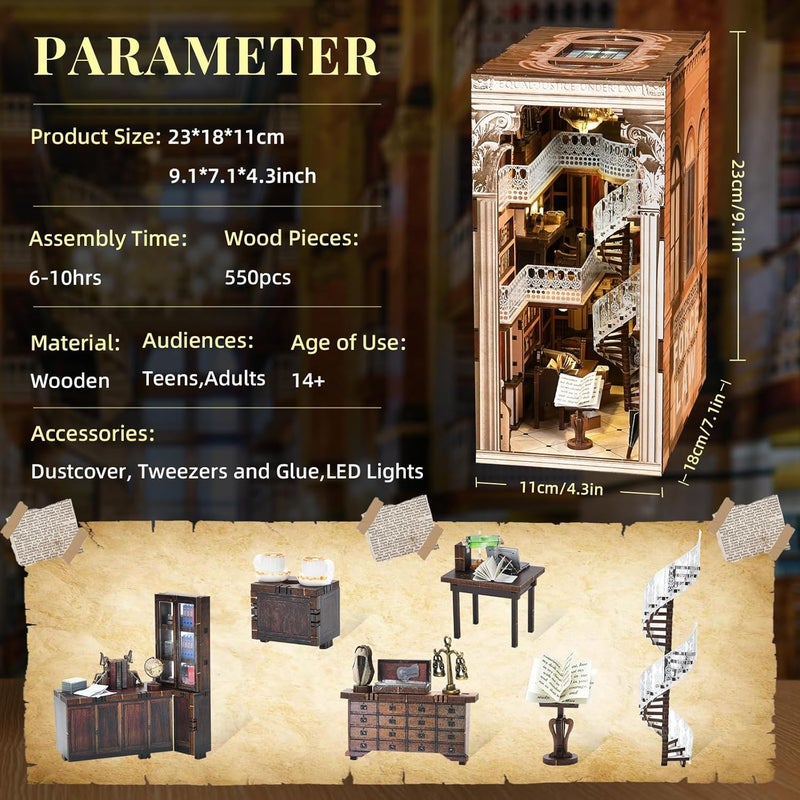 MiniCity DIY Book Nook Kit, Miniature Dollhouse Booknook Kit, 3D Wooden Puzzle Bookend Bookshelf Insert Decor with LED Light for Teens and Adults (Law Library) - Image 2